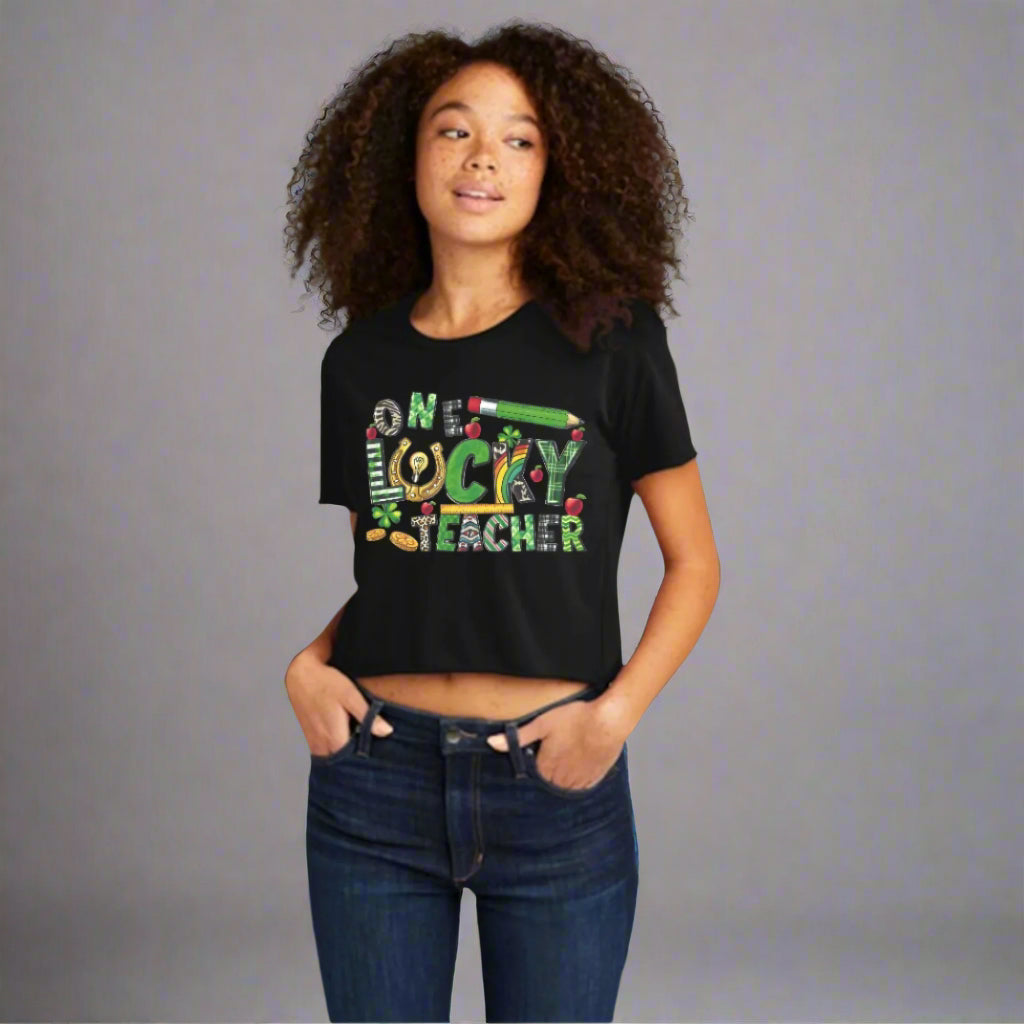 One Lucky Teacher St. Patrick's Day Design Women's Cali Crop Black T-Shirt