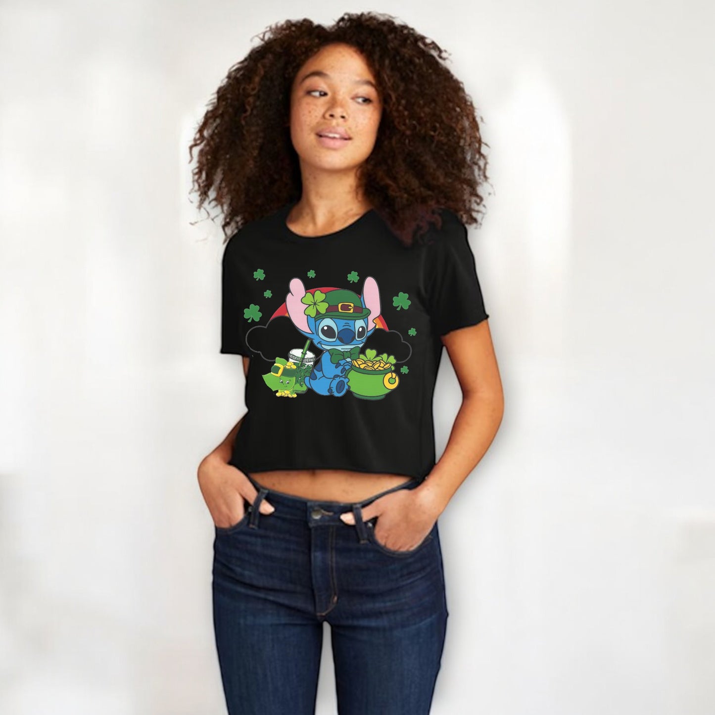 Stitch St. Patrick's Day Women's Cali Crop Black T-Shirt