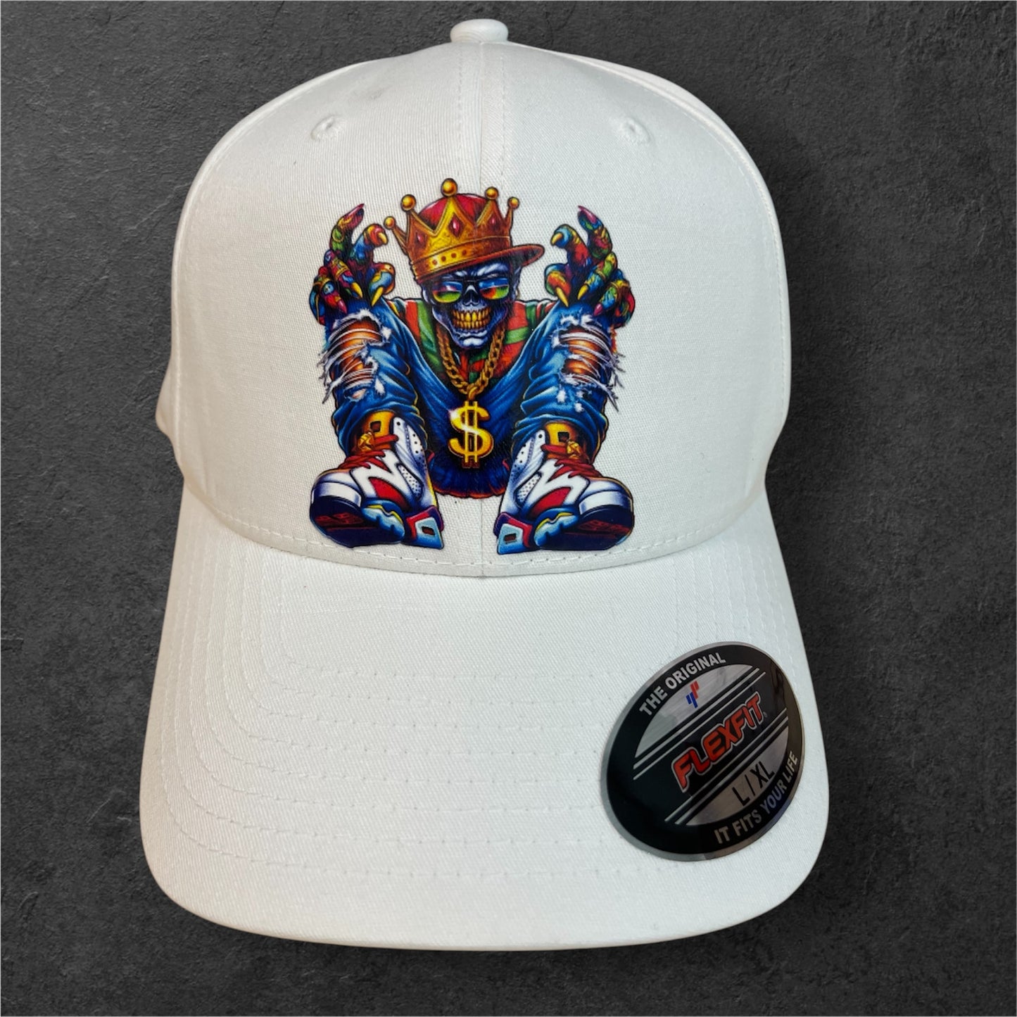 Skeleton King Wearing a Crown Flex Fit Cap